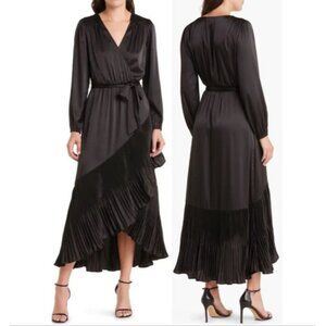 Mila Mae NEW Flawed Black Asymmetric Satin Pleated Belted Dress SM Party Evening